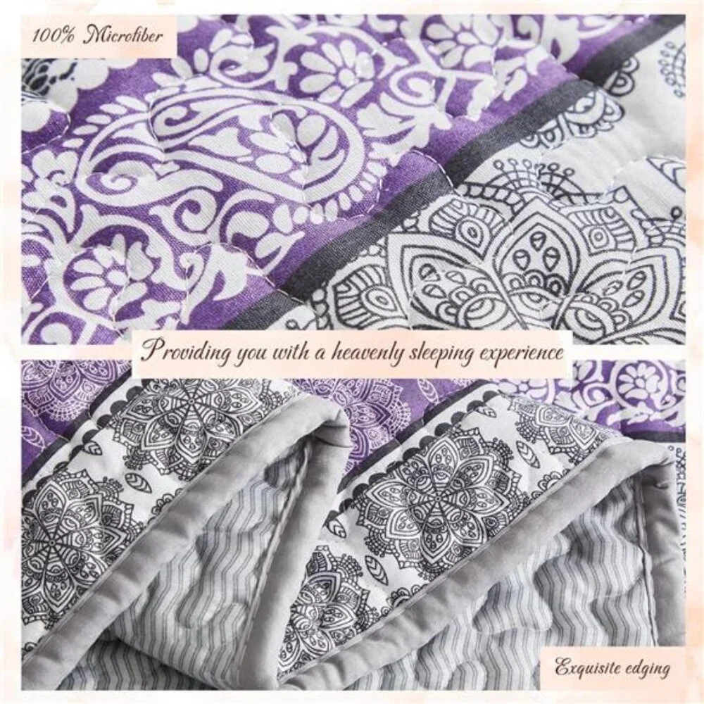3 Pieces Colorful Bohemian Quilt Set Full Queen Size, Purple n Grey Boho